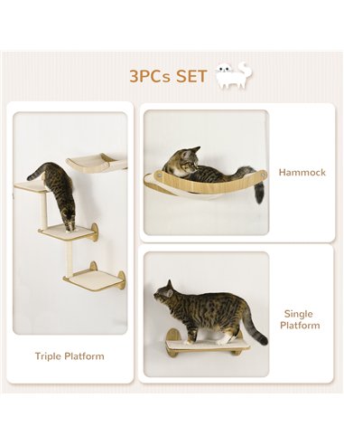 PawHut 3PCs Wall-Mounted Cat Shelves, with Jumping Platforms, Hammock, Scratching Post - Oak Tone