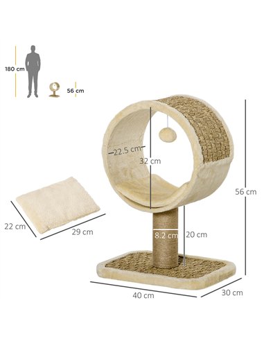 PawHut 56cm Cat Tree for Indoor Cats, with Scratching Post, Tunnel, Toy Ball - Beige