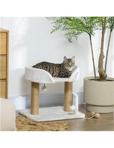PawHut 42cm Indoor Cat Tree, with Toy Balls, Jute Scratching Post - White