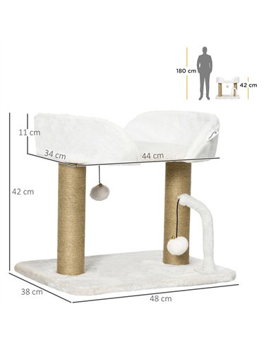 PawHut 42cm Indoor Cat Tree, with Toy Balls, Jute Scratching Post - White