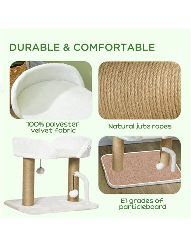 PawHut 42cm Indoor Cat Tree, with Toy Balls, Jute Scratching Post - White