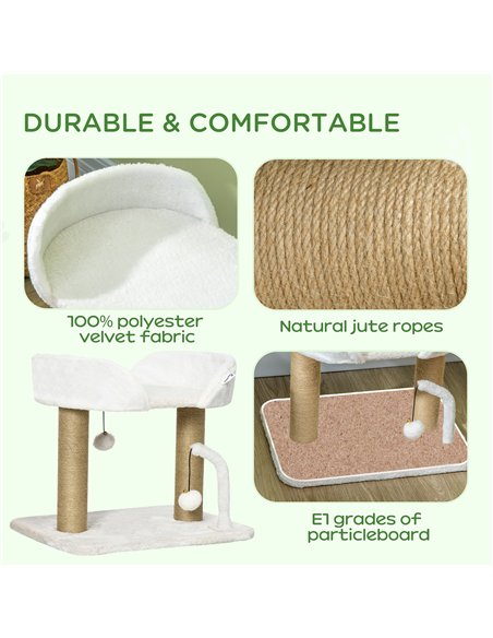 PawHut 42cm Indoor Cat Tree, with Toy Balls, Jute Scratching Post - White - pic 146597 | FastDaddyshop