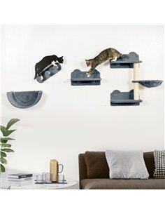 PawHut 4PCs Wall-Mounted Cat Shelves w/ Scratching Post, Hammock, Nest - Grey 2