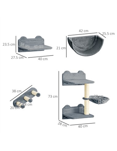 PawHut 4PCs Wall-Mounted Cat Shelves w/ Scratching Post, Hammock, Nest - Grey