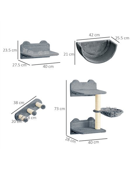 PawHut 4PCs Wall-Mounted Cat Shelves w/ Scratching Post, Hammock, Nest - Grey - pic 146614 | FastDaddyshop
