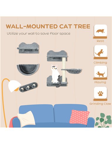 PawHut 4PCs Wall-Mounted Cat Shelves w/ Scratching Post, Hammock, Nest - Grey
