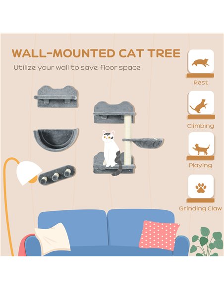 PawHut 4PCs Wall-Mounted Cat Shelves w/ Scratching Post, Hammock, Nest - Grey - pic 146615 | FastDaddyshop
