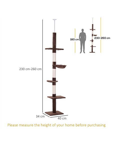 PawHut Floor to Ceiling Cat Tree for Indoor Cats 5-Tier Kitty Tower Climbing Activity Center Scratching Post Adjustable Height 2 - pic 146623 | FastDaddyshop