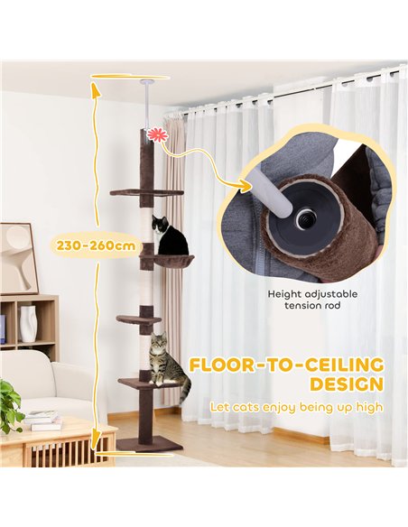 PawHut Floor to Ceiling Cat Tree for Indoor Cats 5-Tier Kitty Tower Climbing Activity Center Scratching Post Adjustable Height 2 - pic 146624 | FastDaddyshop
