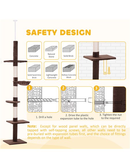 PawHut Floor to Ceiling Cat Tree for Indoor Cats 5-Tier Kitty Tower Climbing Activity Center Scratching Post Adjustable Height 2 - pic 146627 | FastDaddyshop