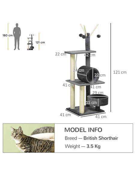 PawHut 121cm Cat Tree Tower for Indoor Cats Kitten Activity Centre Scratching Post with Bed Tunnel Perch Interactive Ball Toy Gr - pic 146632 | FastDaddyshop