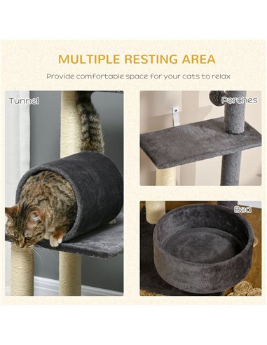 PawHut 121cm Cat Tree Tower for Indoor Cats Kitten Activity Centre Scratching Post with Bed Tunnel Perch Interactive Ball Toy Gr