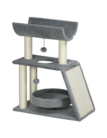 PawHut Cat Tree Tower, with Scratching Posts, Pad, Bed, Perch, Toy Ball - Light Grey - pic 146639 | FastDaddyshop