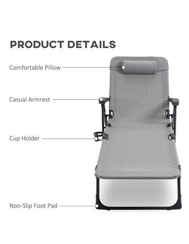 Outsunny Folding Sun Lounger, 7-Reclining Position Sleeping Bed, Light Grey