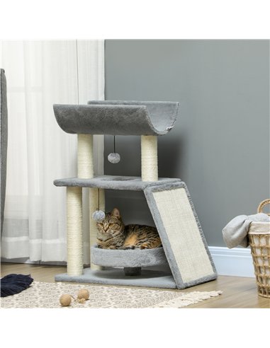 PawHut Cat Tree Tower, with Scratching Posts, Pad, Bed, Perch, Toy Ball - Light Grey