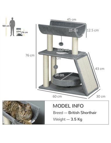 PawHut Cat Tree Tower, with Scratching Posts, Pad, Bed, Perch, Toy Ball - Light Grey