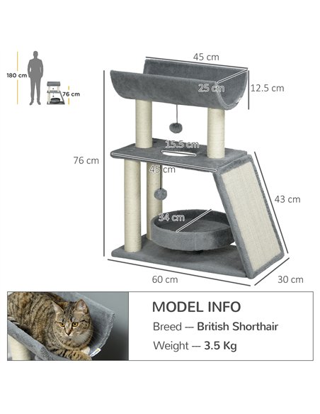PawHut Cat Tree Tower, with Scratching Posts, Pad, Bed, Perch, Toy Ball - Light Grey - pic 146641 | FastDaddyshop