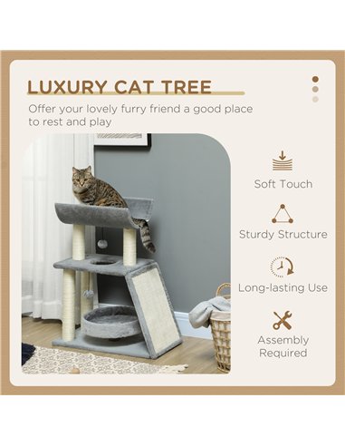 PawHut Cat Tree Tower, with Scratching Posts, Pad, Bed, Perch, Toy Ball - Light Grey