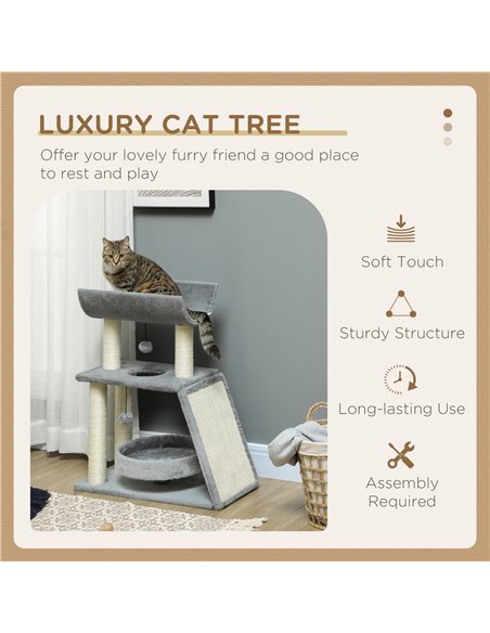 PawHut Cat Tree Tower, with Scratching Posts, Pad, Bed, Perch, Toy Ball - Light Grey - pic 146642 | FastDaddyshop