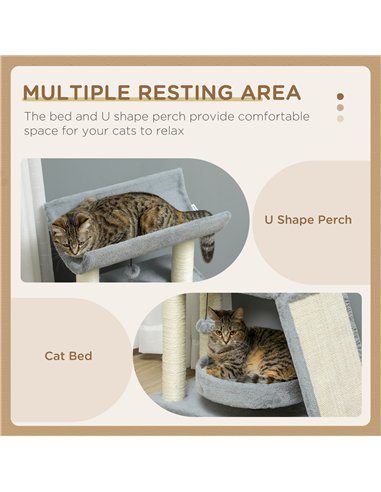 PawHut Cat Tree Tower, with Scratching Posts, Pad, Bed, Perch, Toy Ball - Light Grey