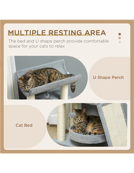 PawHut Cat Tree Tower, with Scratching Posts, Pad, Bed, Perch, Toy Ball - Light Grey - pic 146643 | FastDaddyshop
