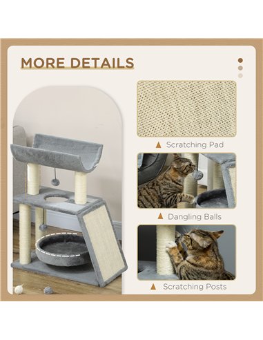 PawHut Cat Tree Tower, with Scratching Posts, Pad, Bed, Perch, Toy Ball - Light Grey