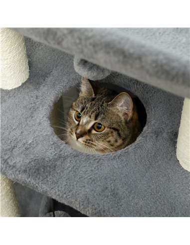 PawHut Cat Tree Tower, with Scratching Posts, Pad, Bed, Perch, Toy Ball - Light Grey