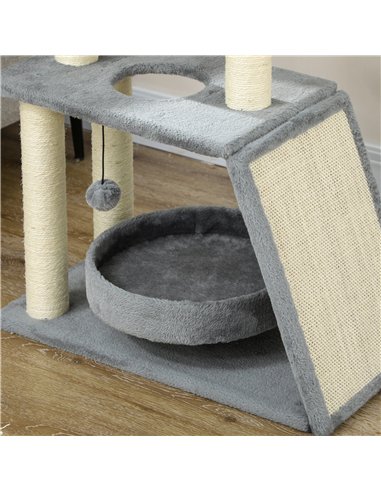 PawHut Cat Tree Tower, with Scratching Posts, Pad, Bed, Perch, Toy Ball - Light Grey