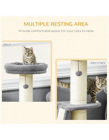 PawHut Cat Tree Tower with Scratching Posts, Pad, Bed, Toy Ball-Dark Grey