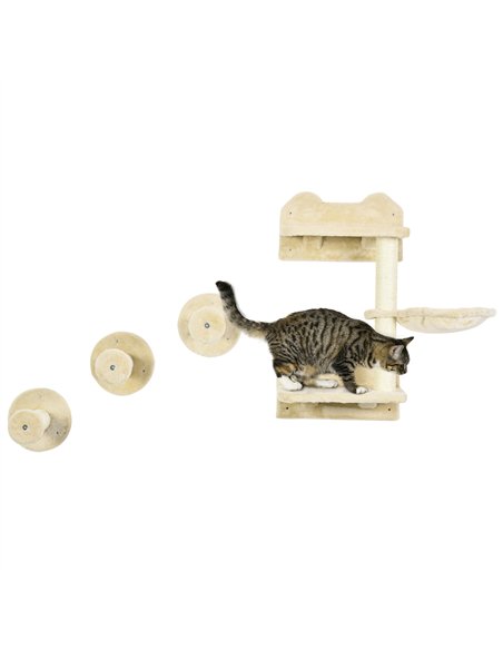 PawHut 4 Piece Cat Shelf with Scratching Post, Wall-Mounted Cat Tree for Indoor Cat - Beige - pic 146666 | FastDaddyshop