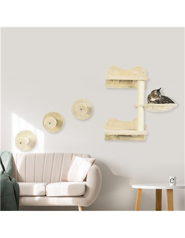 PawHut 4 Piece Cat Shelf with Scratching Post, Wall-Mounted Cat Tree for Indoor Cat - Beige