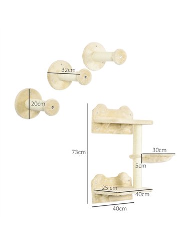PawHut 4 Piece Cat Shelf with Scratching Post, Wall-Mounted Cat Tree for Indoor Cat - Beige