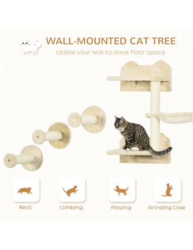 PawHut 4 Piece Cat Shelf with Scratching Post, Wall-Mounted Cat Tree for Indoor Cat - Beige