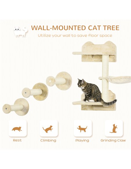PawHut 4 Piece Cat Shelf with Scratching Post, Wall-Mounted Cat Tree for Indoor Cat - Beige - pic 146669 | FastDaddyshop