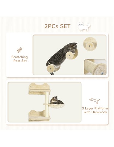 PawHut 4 Piece Cat Shelf with Scratching Post, Wall-Mounted Cat Tree for Indoor Cat - Beige