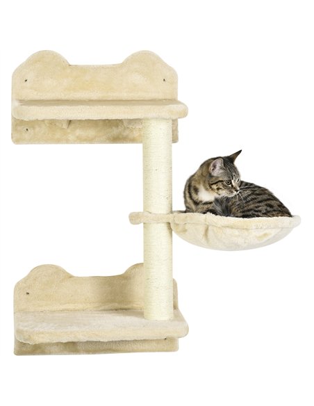 PawHut 4 Piece Cat Shelf with Scratching Post, Wall-Mounted Cat Tree for Indoor Cat - Beige - pic 146674 | FastDaddyshop