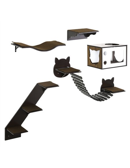 PawHut 5 Piece Cat Wall Shelves, Wall-Mounted Cat Tree for Indoor Use - Brown - pic 146684 | FastDaddyshop