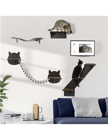 PawHut 5 Piece Cat Wall Shelves, Wall-Mounted Cat Tree for Indoor Use - Brown