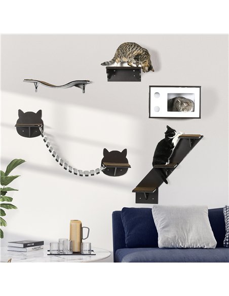 PawHut 5 Piece Cat Wall Shelves, Wall-Mounted Cat Tree for Indoor Use - Brown - pic 146685 | FastDaddyshop