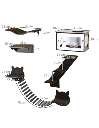 PawHut 5 Piece Cat Wall Shelves, Wall-Mounted Cat Tree for Indoor Use - Brown
