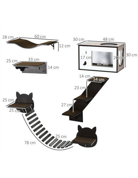 PawHut 5 Piece Cat Wall Shelves, Wall-Mounted Cat Tree for Indoor Use - Brown - pic 146686 | FastDaddyshop
