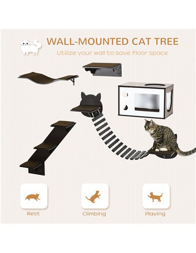 PawHut 5 Piece Cat Wall Shelves, Wall-Mounted Cat Tree for Indoor Use - Brown