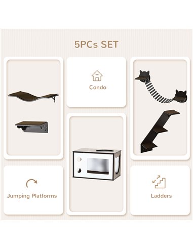 PawHut 5 Piece Cat Wall Shelves, Wall-Mounted Cat Tree for Indoor Use - Brown