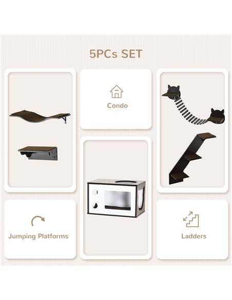 PawHut 5 Piece Cat Wall Shelves, Wall-Mounted Cat Tree for Indoor Use - Brown - pic 146688 | FastDaddyshop