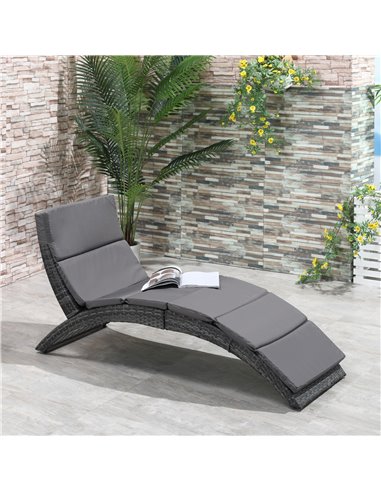 Outsunny Garden Patio Rattan Wicker Folding Sun Lounger Recliner Bed Chair with Cushion for Outdoor, Grey