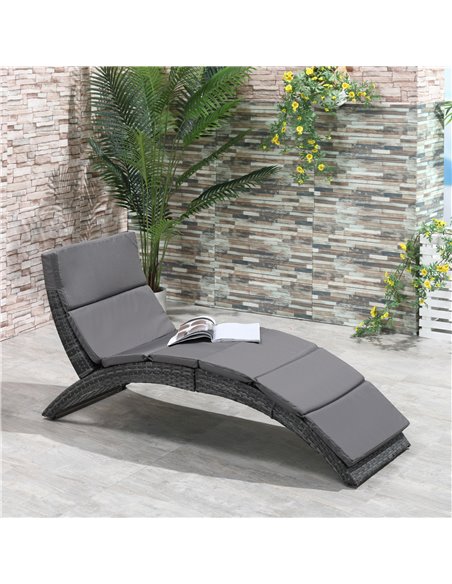 Outsunny Garden Patio Rattan Wicker Folding Sun Lounger Recliner Bed Chair with Cushion for Outdoor, Grey - pic 14670 | FastDaddyshop