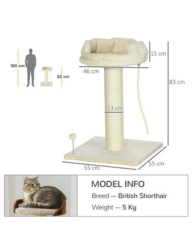 PawHut Cat Tree, with Sisal Wrapped Scratching Post - Cream
