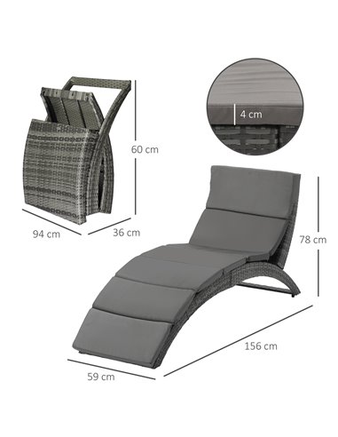 Outsunny Garden Patio Rattan Wicker Folding Sun Lounger Recliner Bed Chair with Cushion for Outdoor, Grey