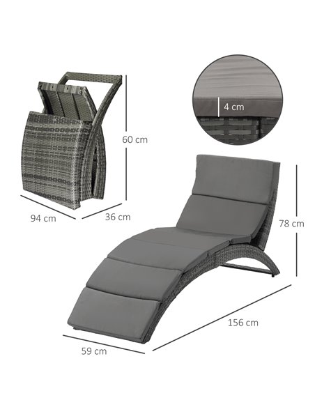 Outsunny Garden Patio Rattan Wicker Folding Sun Lounger Recliner Bed Chair with Cushion for Outdoor, Grey - pic 14671 | FastDaddyshop