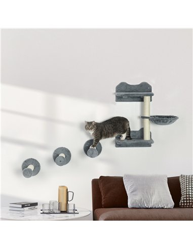 PawHut 4 Piece Cat Shelf with Scratching Post, Wall-Mounted Cat Tree for Indoor Cat - Grey